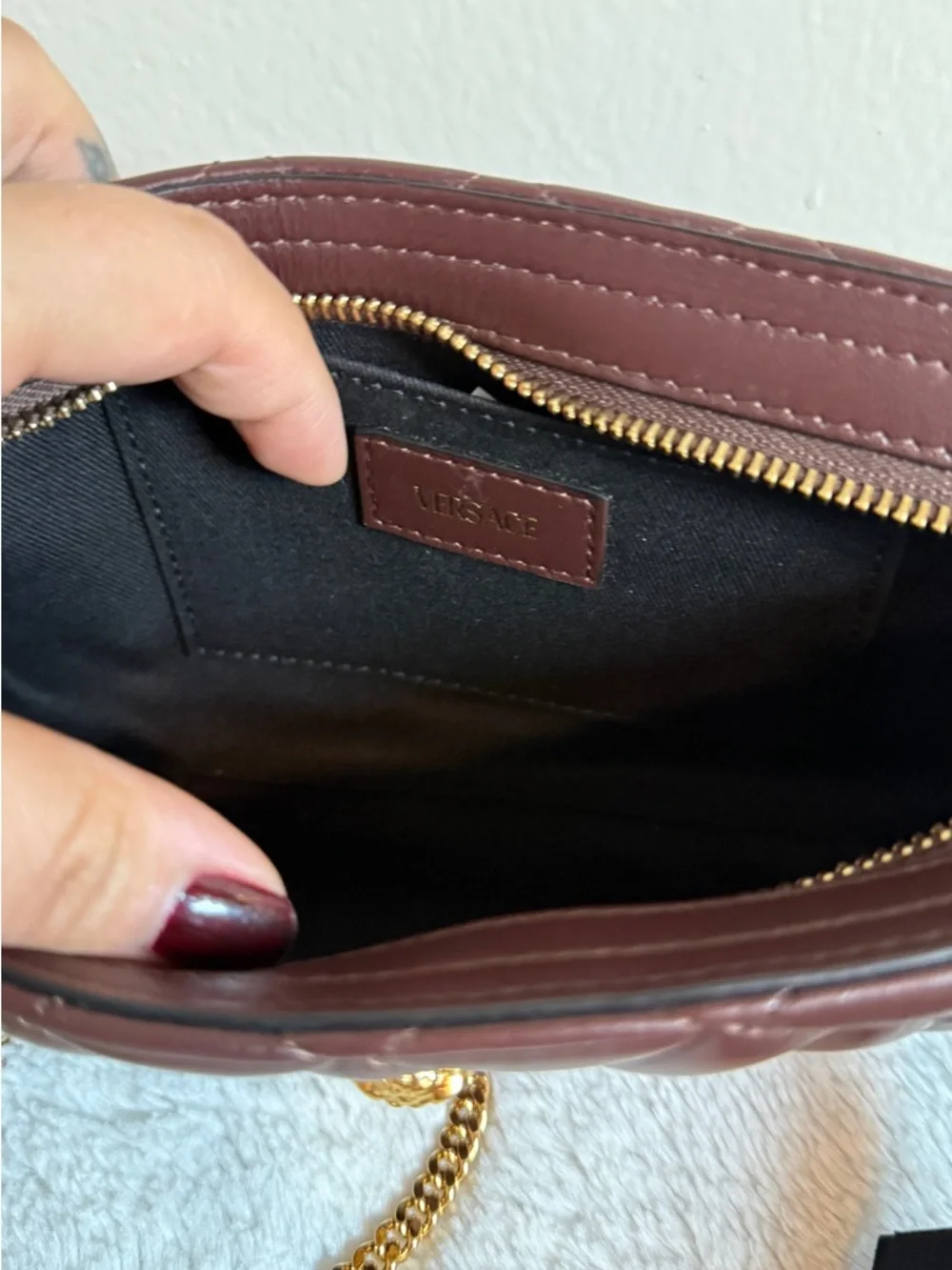 Versace Quilted Brown Leather Shoulder Bag with Gold Chain